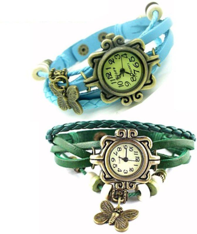 Analog Watch - For Women Latest Fancy Leather Hand Knit Vintage Watches Dress Bracelet Women Girls Ladies Clover Pendant Retro MT-13 ( Pack Of 2 )
