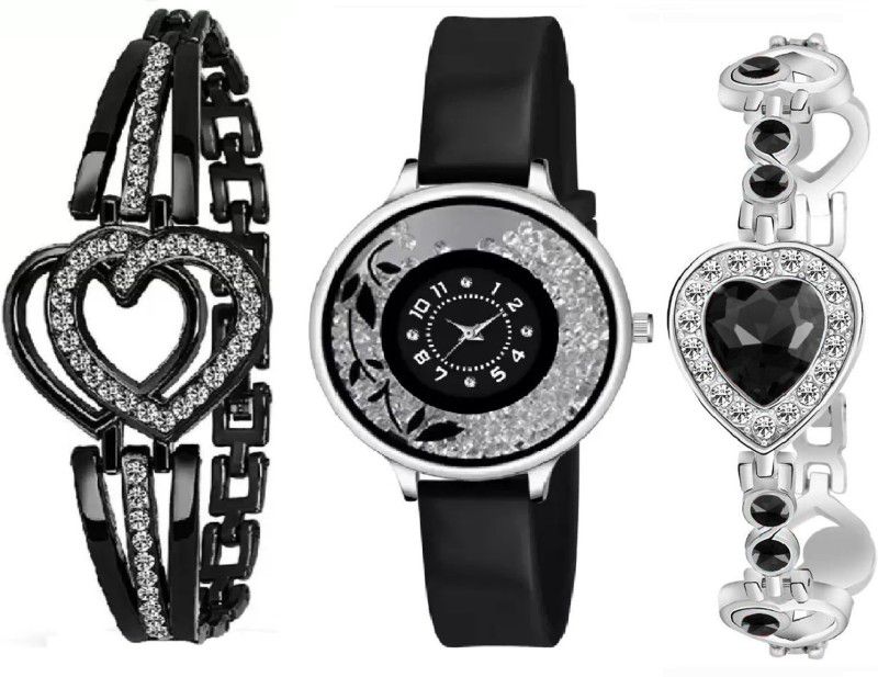 Analog Watch - For Girls SW-344 Exclusive New Combo Pack Of 2 Black PU Strap 2 Bracelet For Women