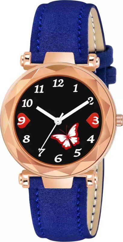 Analog Watch - For Girls Black Dial Dual Red Batterfly Dial Blue Leather Strap Watch For Girls