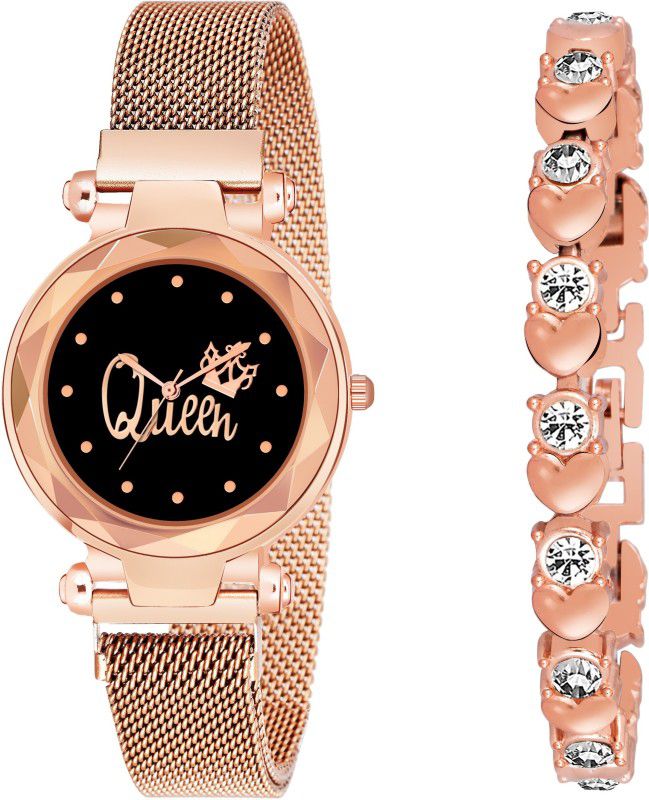 Analog Watch - For Girls Pack of 2 Magnetic Queen Dial Watch and Rose gold Chain Stylish Bracelet Women