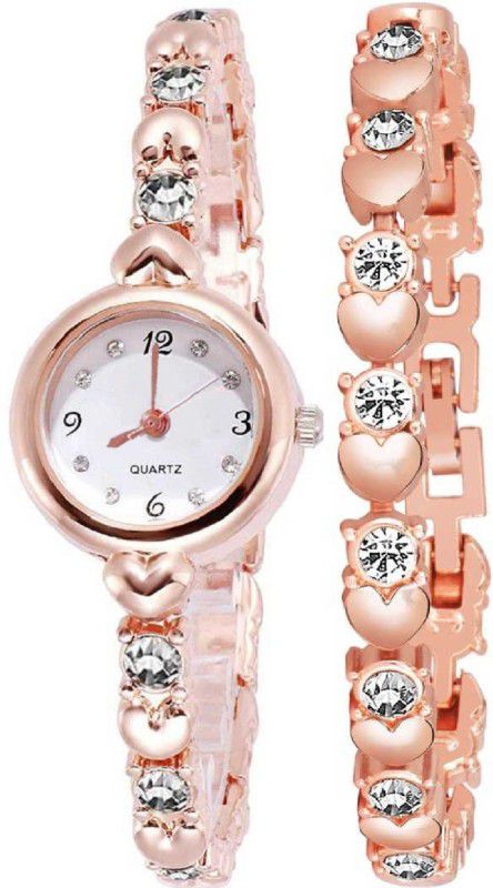 New Stylish White Stone Studded RoseGold Watch and Bracelet Analog Watch - For Girls New Stylish White Stone Studded RoseGold Watch and Bracelet