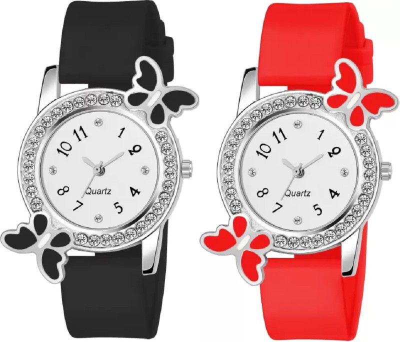 Analog Watch - For Girls Pack of 2 Black and Red New Stylish Butterfly Design With Diamond Fab Combo