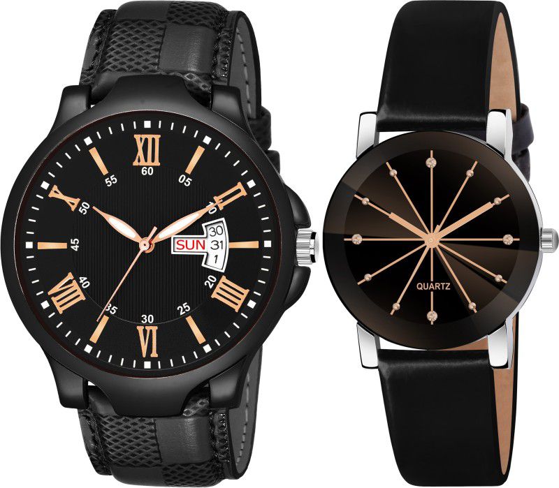Leather And Metal Strap Women And Men Black Color Analog Watch - For Couple P-W 1018