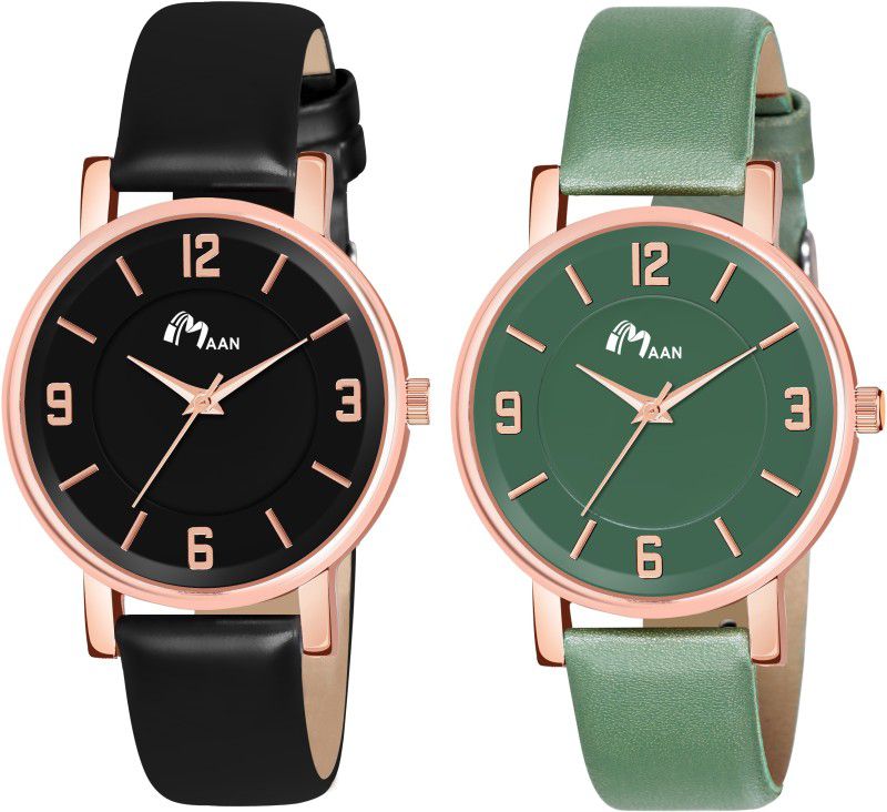 Analog Watch - For Girls Pack Of 2 Black And Green Round Dial Lathers Strap Woman
