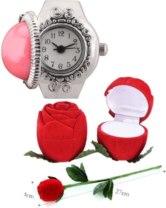 Analog Watch - For Women Round Shape Pink Stretchable Finger Ring Watch With Red Rose Gifting Box