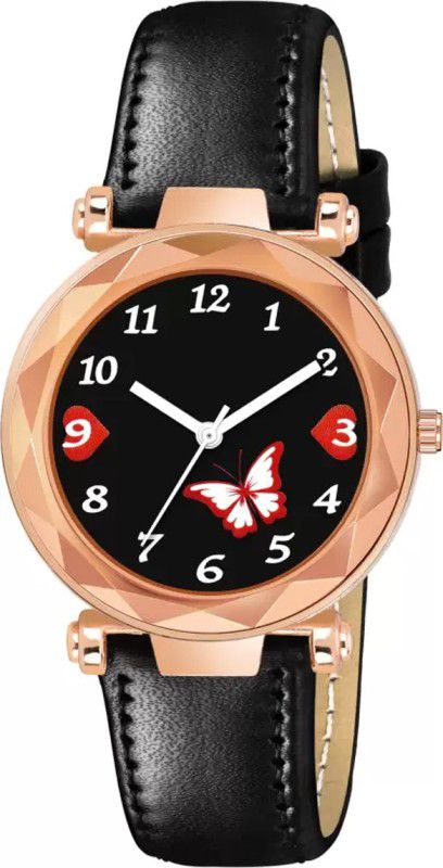 Analog Watch - For Girls Black Dial Dual Red Batterfly Dial Black Leather Strap Watch For Girls