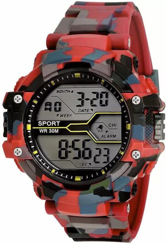 RDF-00027 Digital Watch - For Men Red Color Army Trending Round Dial Silicon Strap Digital Watch