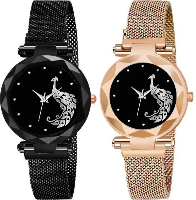 Analog Watch - For Girls Black and Rose Gold Peacock Dial Magnet Belt Watch Combo Black and Rose Gold combo Luxury Mesh Magnet strap Watches For girls Fashion Lady Analog Watch for girls and women Analog Watch For Girls Analog Watch For Girls
