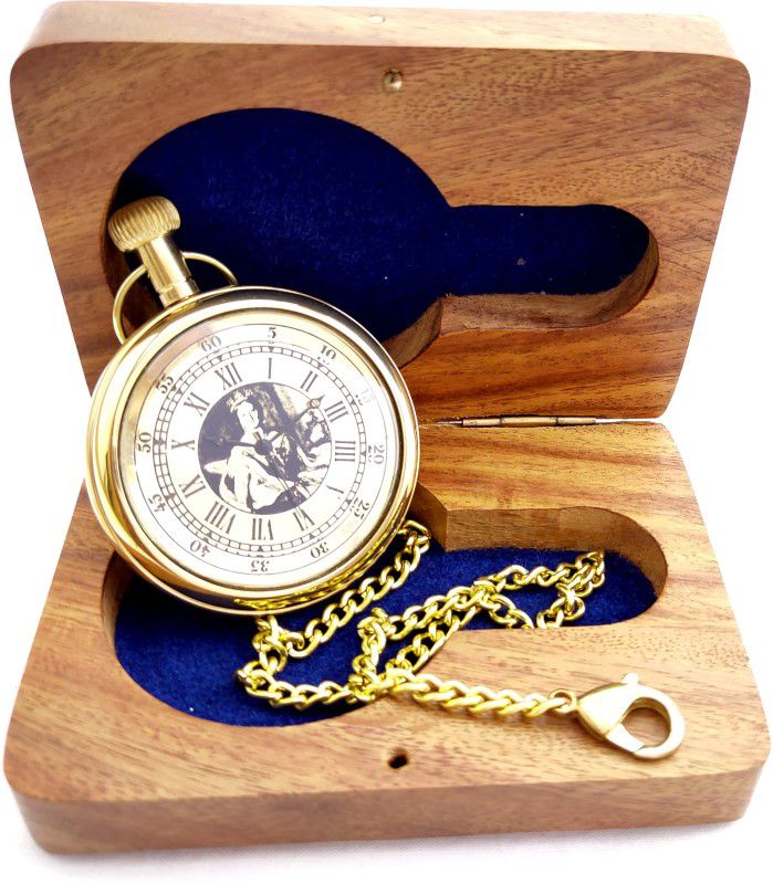 k.v handicrafts Antique Brass Analog Gandhi Watch / Pocket Watch with Chain Full brass With Stylish Wooden Box (Queen Brass Dial) K-BA-50-P-00003 Brass Gold Brass Pocket Watch Chain