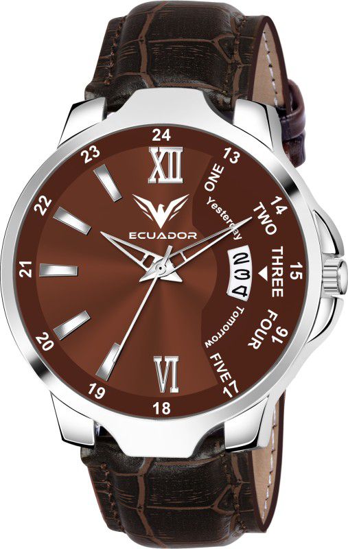 Trendy Brown Leather Strap Date Functioning Wrist Watch Analog Watch - For Boys ER-2231