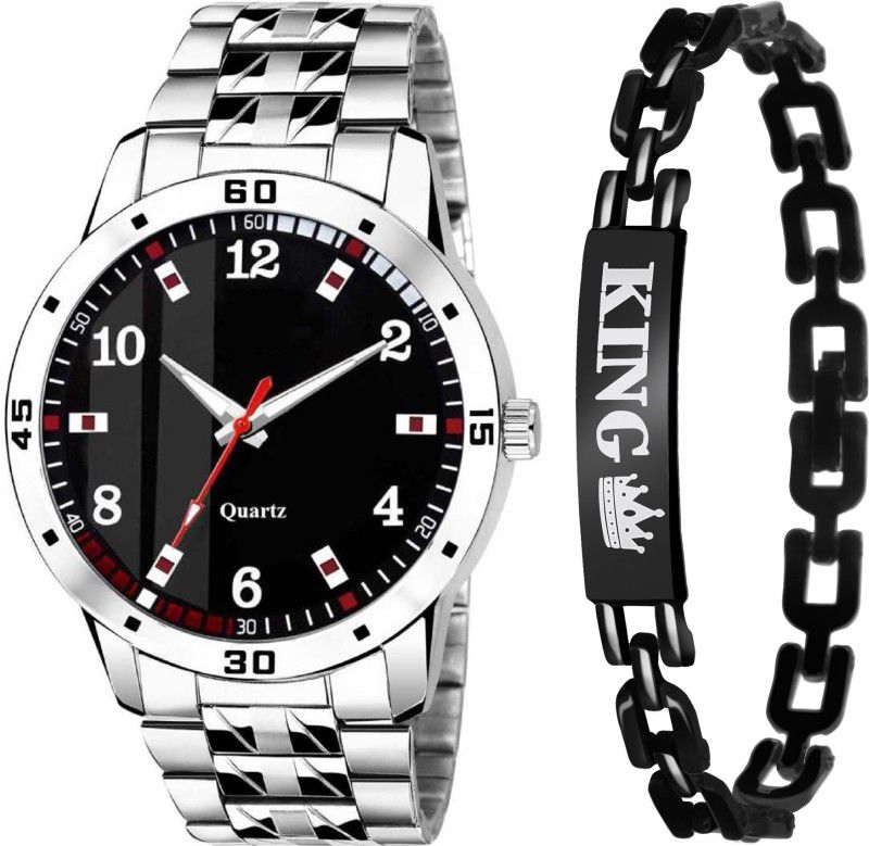 Analog Watch - For Boys New Stylish Black Dial Stainless Steel Watch and King Bracelet Combo