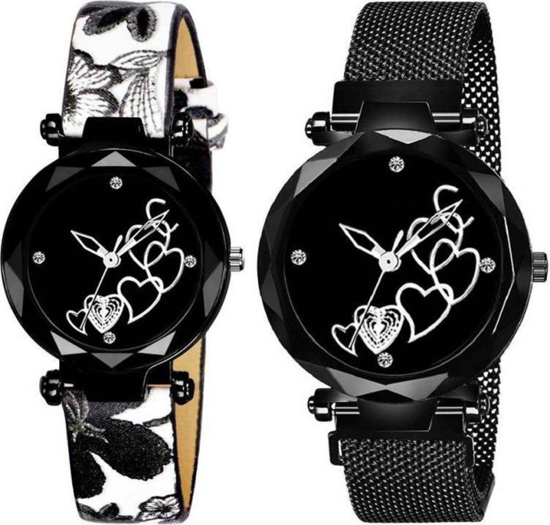 Analog Watch - For Girls UNIQUE ROUND DIAL BLACK & WHITE COMBO STYLISH GIRLS WOMEN FESTIVAL_PARTY_PROFESSIONAL WEAR UNIQUE DIAL STEEL CHAIN MAGNET BELT TRACK DESIGNER FAST SELLING TRENDY & STYLISH WATCH FOR GIRLS WATCH COMBO