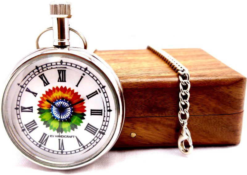 k.v handicrafts Tricolor Flower Gandhi Watch / Pocket Watch With Stylish Wooden Box K-BA-50-P-00010 Nickel Brass Pocket Watch Chain