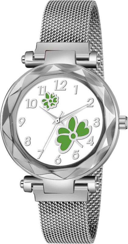 Analog Watch - For Girls White Dial Green Flower With Silver Magnet Strap Girls Watch