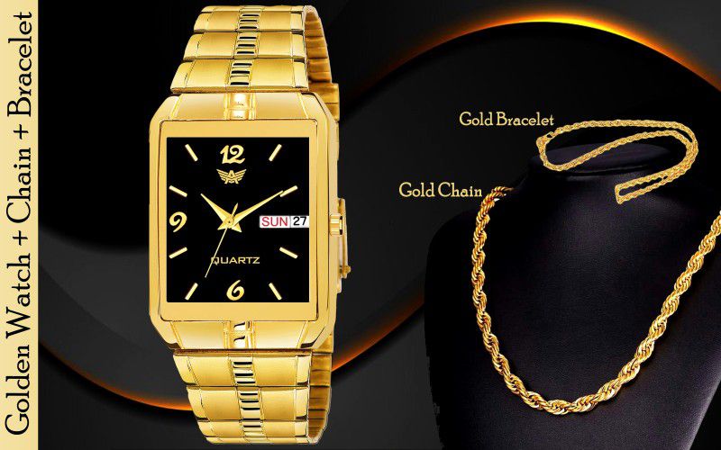 With New Design RASA Chain & Bracelet Gold Special Combo Pack For Boys Analog Watch - For Men Abx9151-BK GD+C2 Combo
