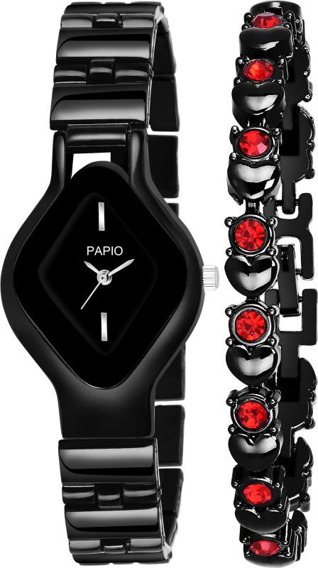 Black Color Bracelet With Analog Watch - For Girls