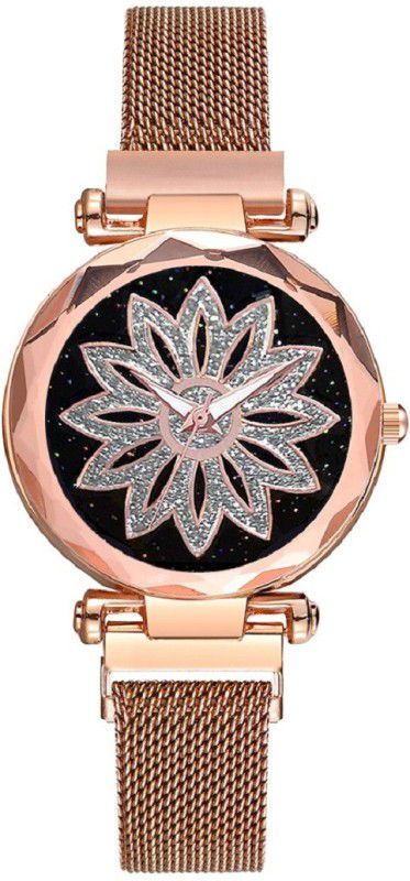 Analog Watch - For Girls Luxury 12 Diamond Analogue Black Dial Rose Gold Magnetic Quartz Women's and Girl's Bracelet Magnet Watch with Stainless Steel Buckle