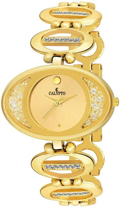 Designer Gold Color Diamond Studded Dial with Gold Color Stainless Steel Chain Analog Wrist Watch for Girls Analog Watch - For Women ST-270