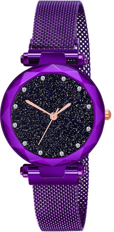 Magnetic Chain magnet strap mash hand watch girls watch for women gift Purple Analog Watch - For Girls Magnet Strap Girls Women 12 Diamond New Rishtey Purple