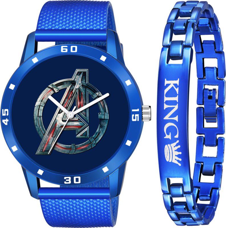 New Fancy watch For MEN Analog Watch - For Boys NEW STYLISH BLUE DIAL- PU STRAP & BLUE KING BRACELET COMBO SET FOR MEN Analog Watch - For Boys Analog Watch - For Boys