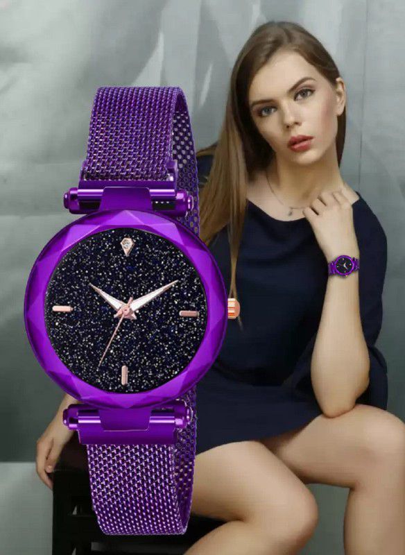 Analog Watch - For Girls Women Watches Luxury Starry Sky Purple Stainless Steel Mesh Magnetic Strap Ladies Watch Quartz Wrist Watch