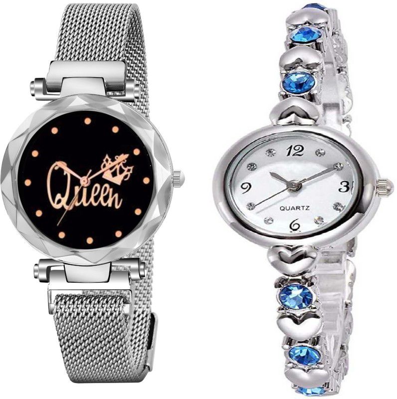 Analog Watch - For Girls Silver Queen Dial Magnet Strap and Blue Diamond Studded Bracelet Diamond combo Analogue Watches For girls Fashion Lady Analog Watch for Girl and Women Analog Watch - For Girls