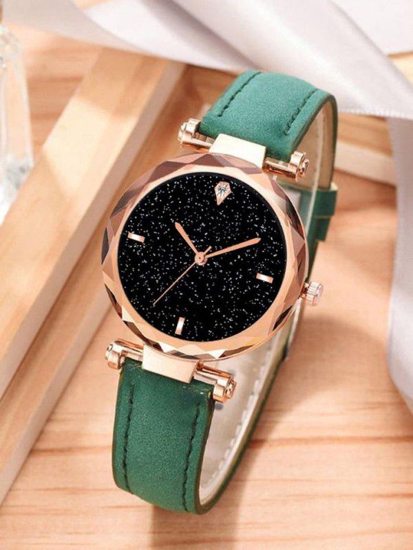 Rich Looking Premium Quality best Designer Fashion Wrist Analog Watch For Girls Analog Watch - For Women New Arrival Stylish Cut Glass Green Leather Strap Analog Watch - For Women