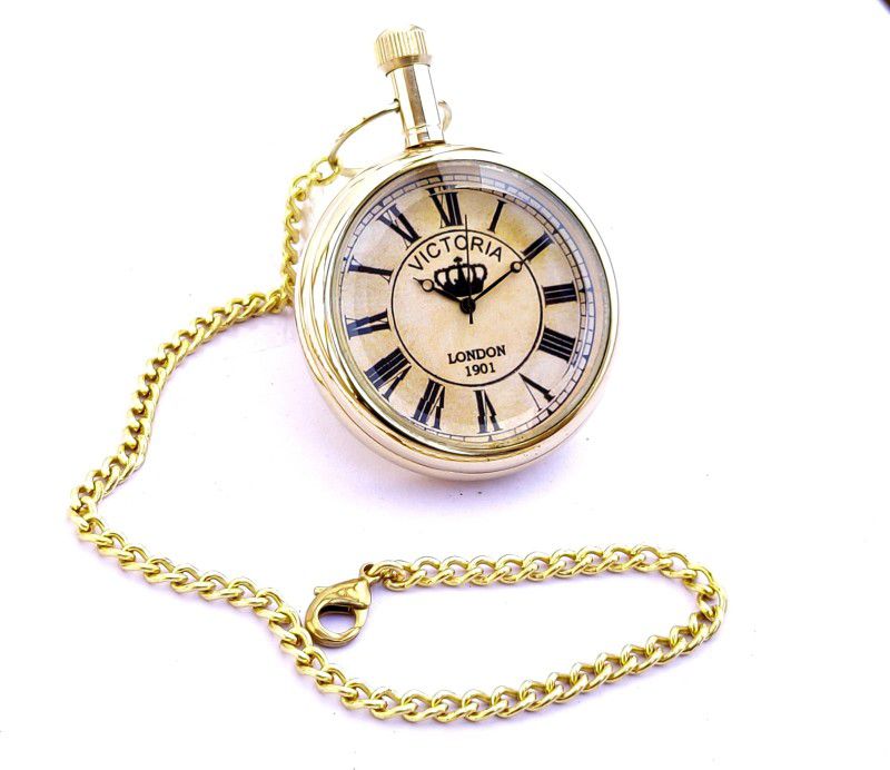 k.v handicrafts Classic Victoria London- 1901 Watch Dial - Antique Indian Look Gandhi Watch / Pocket Watch with Long Chain By- K V Handicraft KVH-0081 Brass Finish Brass Pocket Watch Chain