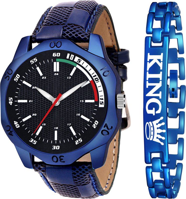 King Bracelet Designer Strap Stylish Sport Look Boys watch for men Analog Watch - For Boys Men01 Blue With King Bracelet