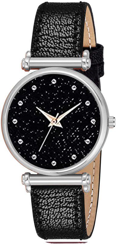 Analog Watch - For Girls Latest 12 Diamonds Black Leather Analog Watch