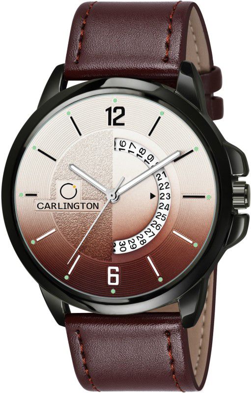 Carlington Elite Gents Water Resistant Genuine Leather Strap With Date Display Analog Watch - For Men CT1030 Brown