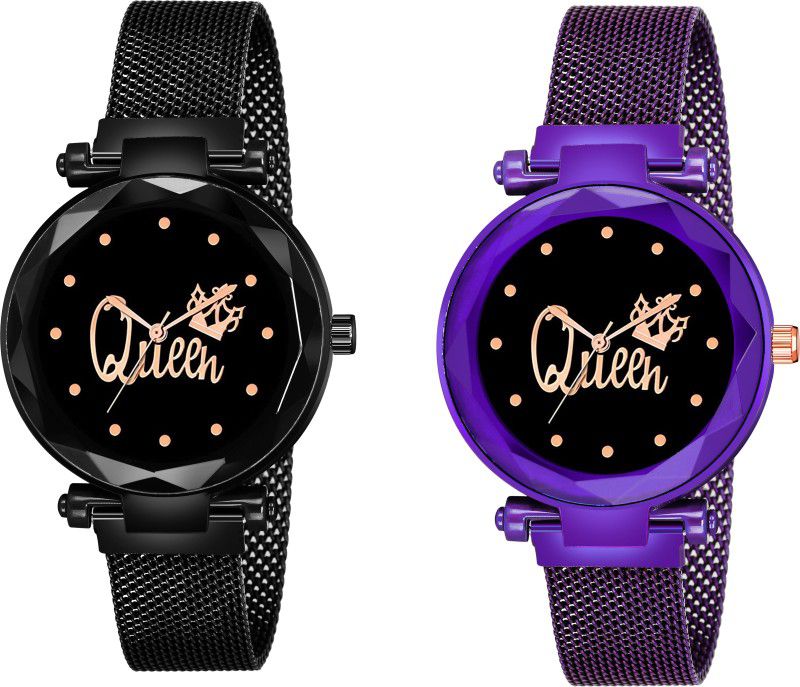 Designer Fashion Wrist Analog Watch - For Girls New Fashion Queen Black dial Black & Purple Maganet Strap For Girl