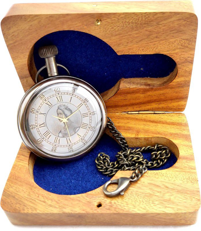k.v handicrafts Antique Brass Analog Gandhi Watch / Pocket Watch With Stylish Wooden Box (Queen Black Antique Dial) KVPW-BA-50-P-00005 Brass Antique Brass Pocket Watch Chain