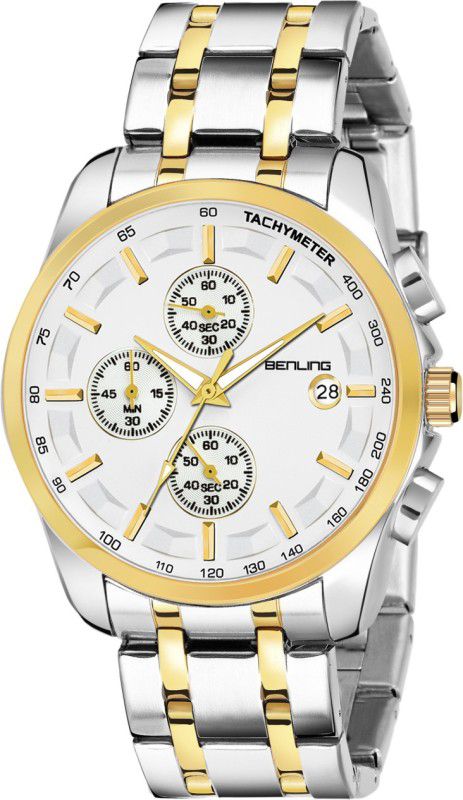 Analog Watch - For Men BL-1008-WHT-GOLD-SLVR High Quality Original Silver Ion Plated Stainless Steel Chain Chronograph Formal Casual Wear Watch Boys | Men | Gents (White Dial Silver Gold Chain Strap)