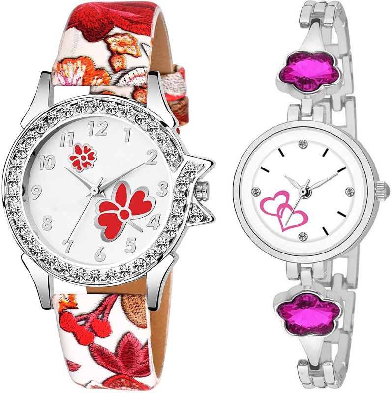 Analog Watch - For Girls New Red Flower Designed Leather and Pink Stainless Steel Combo Of 2