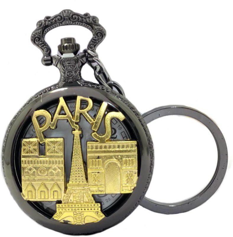 Mubco Antique Style Paris Quartz Pocket Watch Keychain Vintage Collectable Gift P_01 Chrome Black Metal Pocket Watch Chain