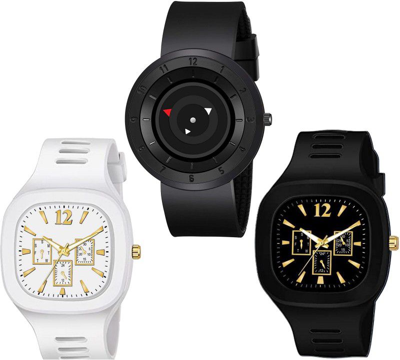 Analog Watch - For Men New Combo Of 3 Arrow Blk Square Dial Black and White Silicone Strap