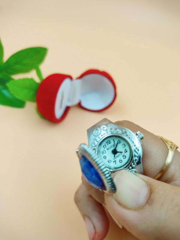 Analog Watch - For Women Round Shape Blue Stretchable Finger Ring Watch With Red Rose Gifting Box