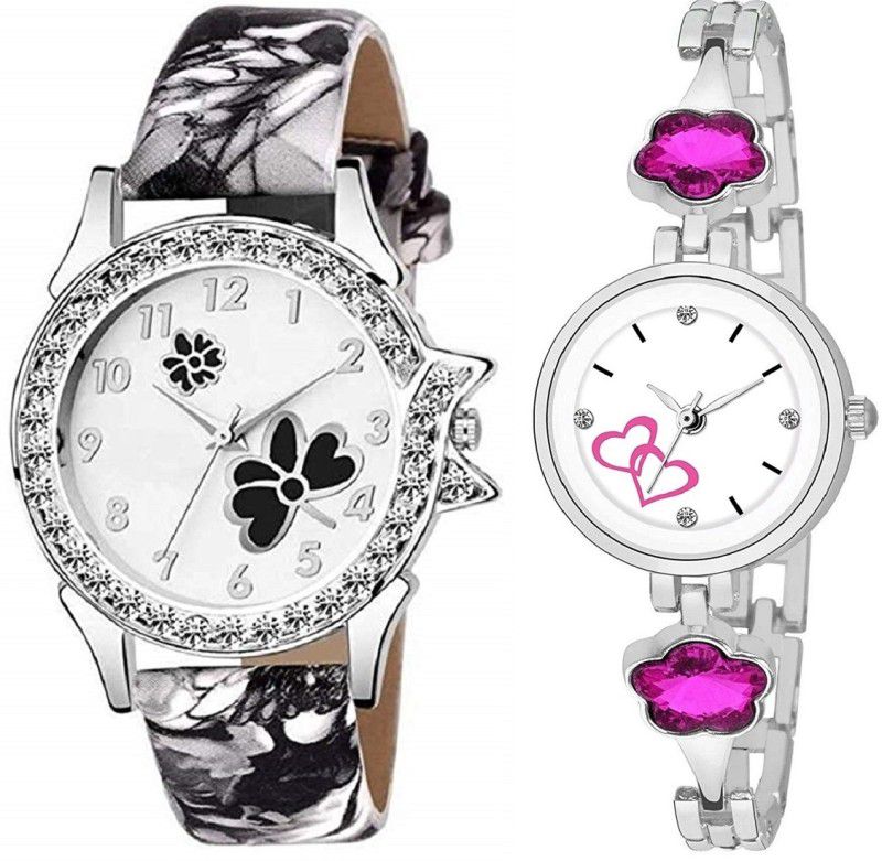 Analog Watch - For Girls New Black Flower Designed Leather and Pink Stainless Steel Combo Of 2