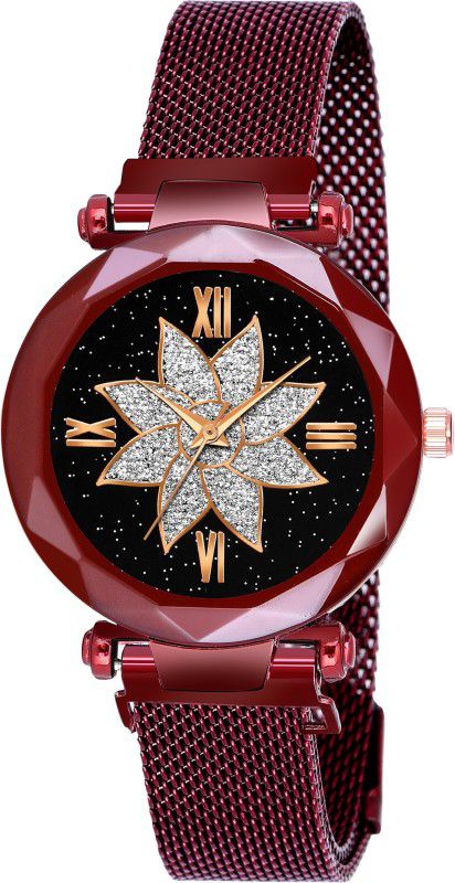 S-477 Analog Watch - For Women Analogue Red Flower Dial Magnet Belt Watch For Girls