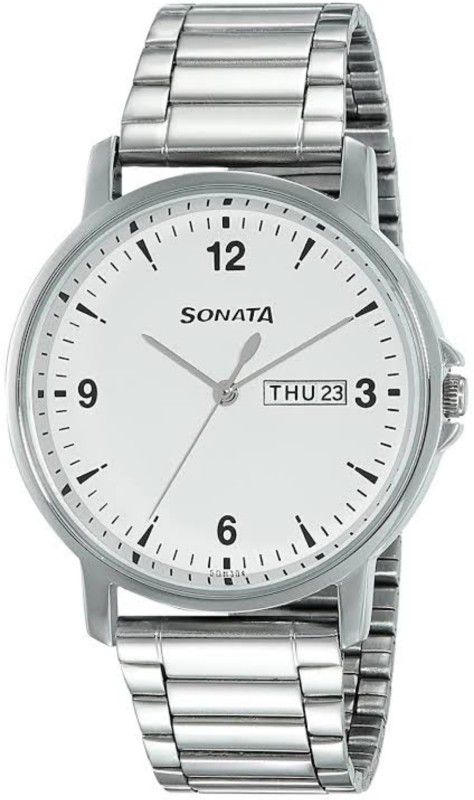 Day and Date SonataNJ77083SM01CA Analog Watch - For Men Essentials White Dial