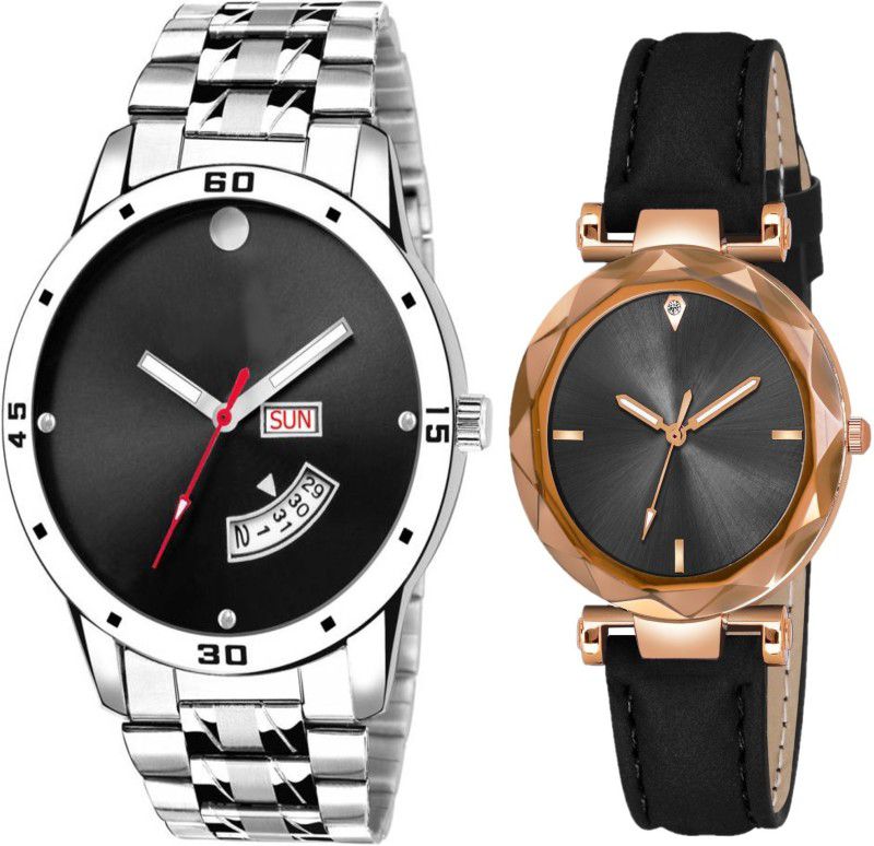 Analog Watch - For Couple Wedding Look Black Dial Steel Belt & Leather Blet