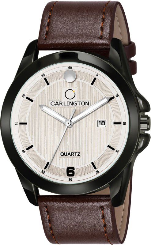 Carlington Elite Gents Water Resistant Genuine Leather Strap With Date Display Analog Watch - For Men CT1040 Brown-Silver