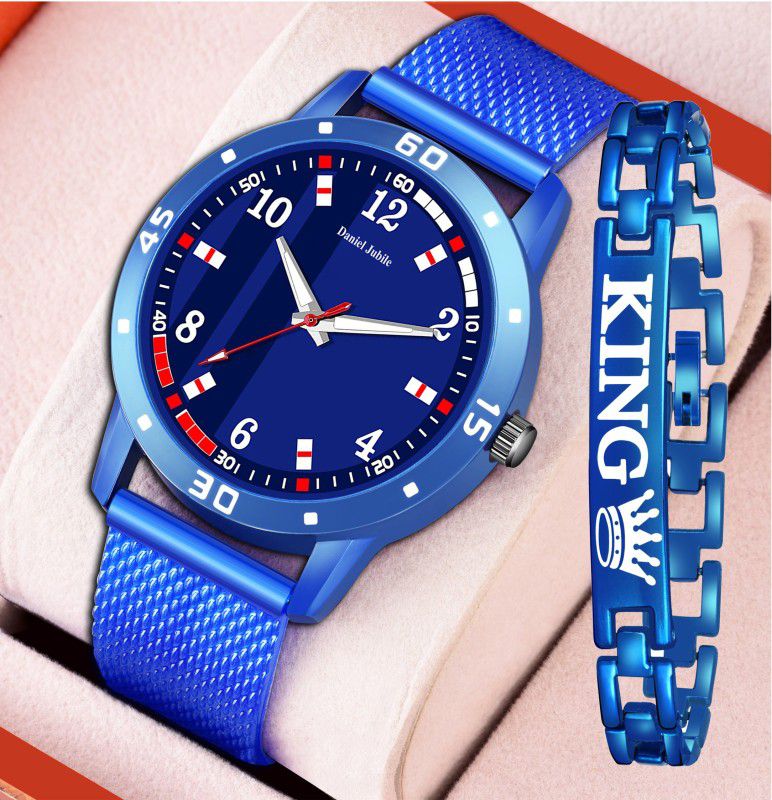 King Bracelet Designer Strap Stylish Sport Look Boys watch for men Analog Watch - For Boys PU03 Blue Watch With King Bracelet