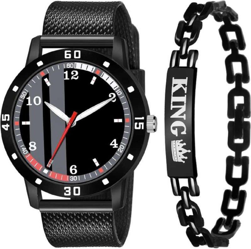 Analog Watch - For Boys BLACK DIAL PU STRAP & BLACK KING BRACLET PACK OF 2 WATCH