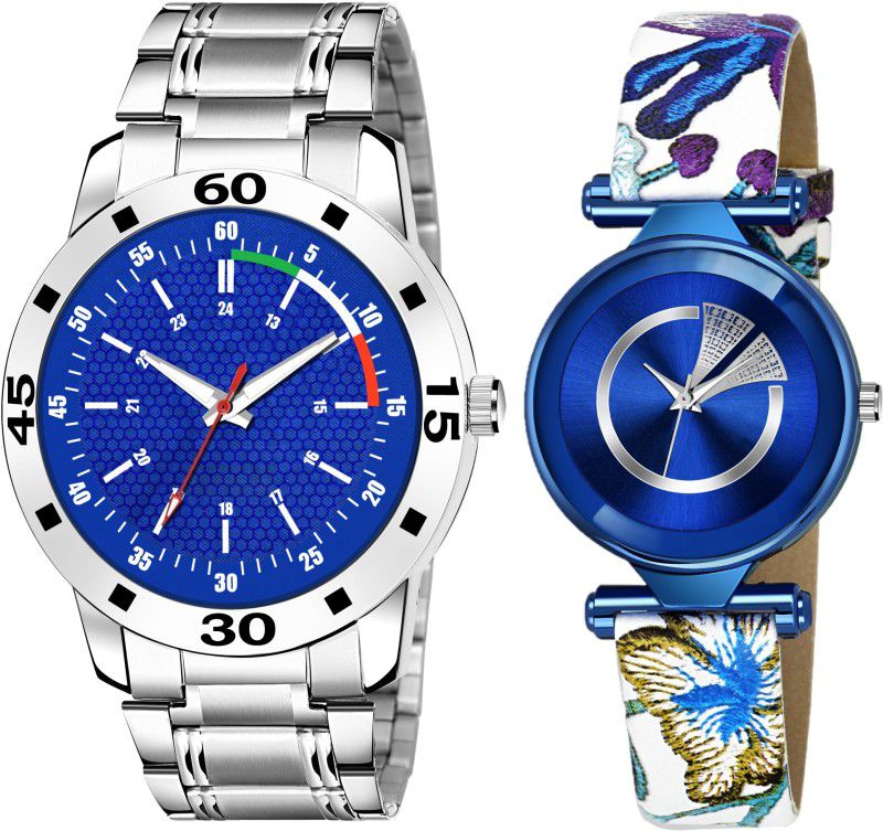 Analog Watch - For Couple Stylish 2021 Lovely Blue Dial Steel & Leather Strap