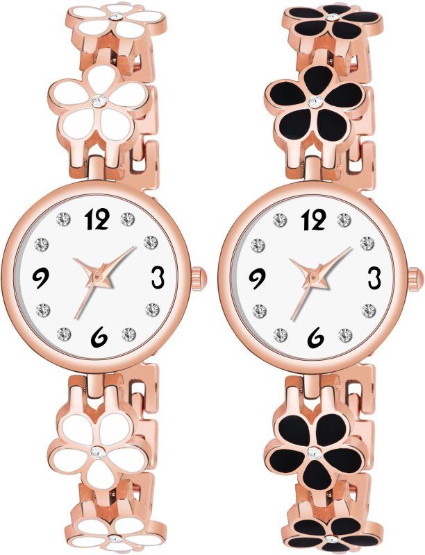 Analog Watch - For Girls White Black Flower Design Bracelet Watch Pack Of 2