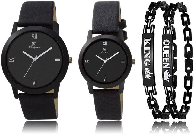Analog Watch - For Couple new king queen bracelet and super black leathers belt full black couple watch