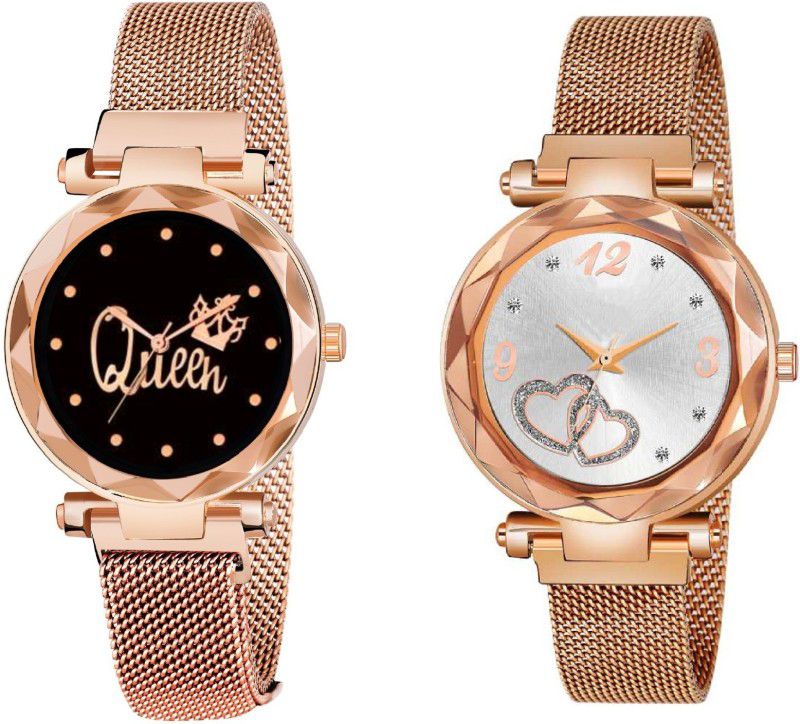 Analog Watch - For Girls Rose Gold Queen and Heart Dial combo Magnetic Strap Watches For girls and women