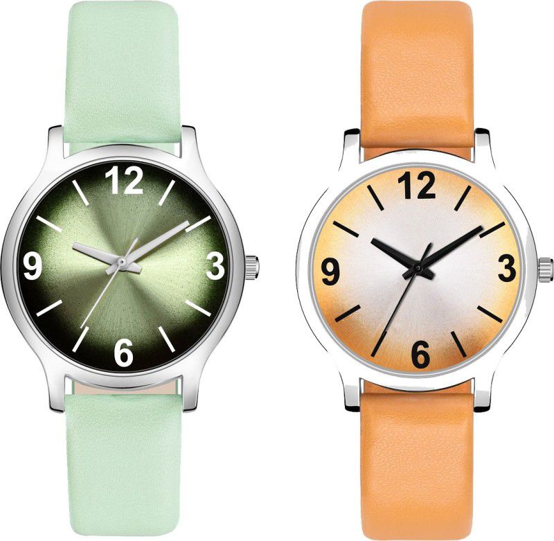Analog Watch - For Girls Green and orange Color Shading Color Leather Strap Pack of 2 Girls watch